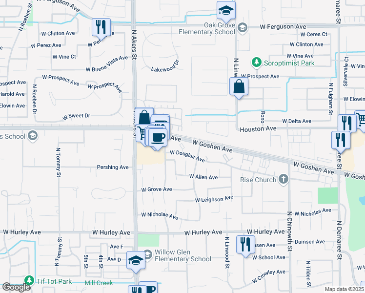 map of restaurants, bars, coffee shops, grocery stores, and more near 4812 West Douglas Avenue in Visalia