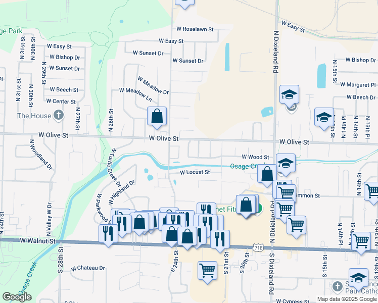 map of restaurants, bars, coffee shops, grocery stores, and more near 701 Beverly Ln in Rogers