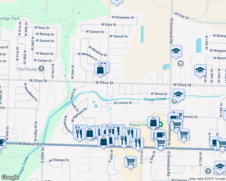 map of restaurants, bars, coffee shops, grocery stores, and more near 701 N 24th St in Rogers