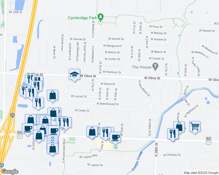 map of restaurants, bars, coffee shops, grocery stores, and more near 613 North 36th Street in Rogers