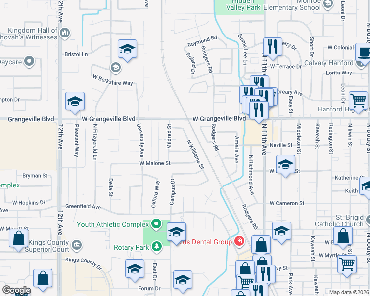 map of restaurants, bars, coffee shops, grocery stores, and more near 1200-1204 Togneri Street in Hanford
