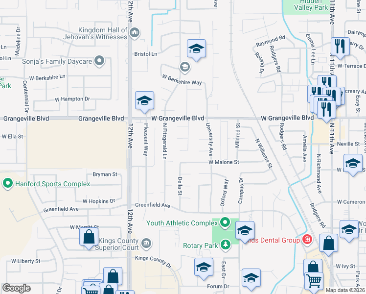 map of restaurants, bars, coffee shops, grocery stores, and more near 1454 Cornell Court in Hanford