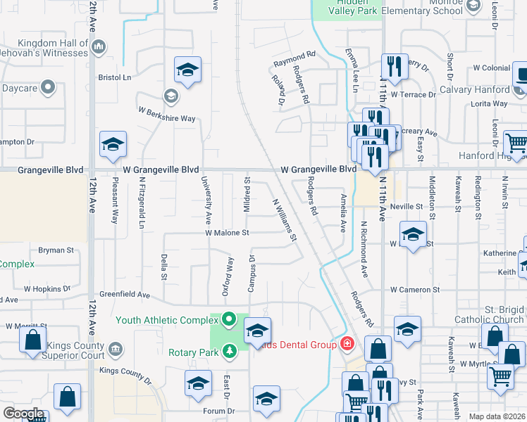 map of restaurants, bars, coffee shops, grocery stores, and more near 1200 Togneri Street in Hanford