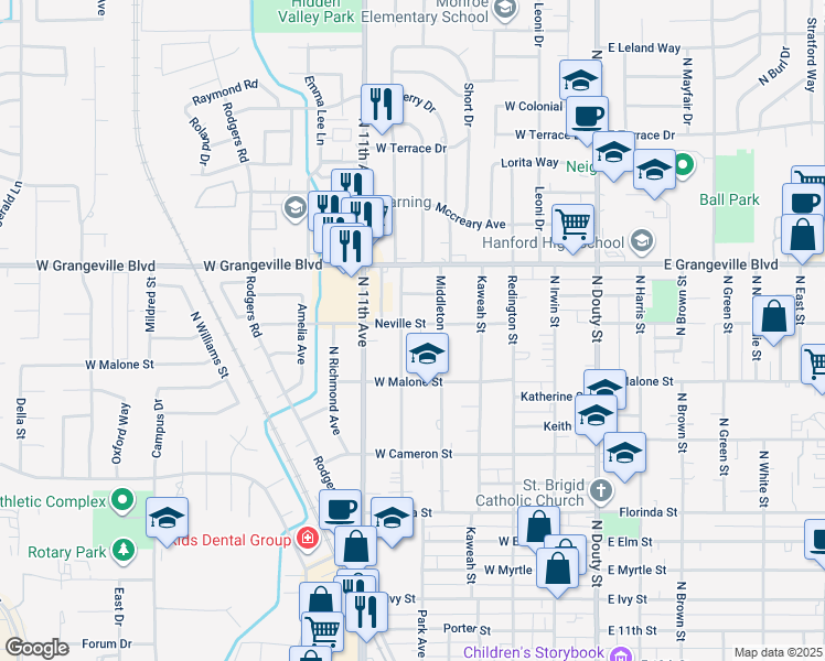 map of restaurants, bars, coffee shops, grocery stores, and more near 515 Neville Street in Hanford