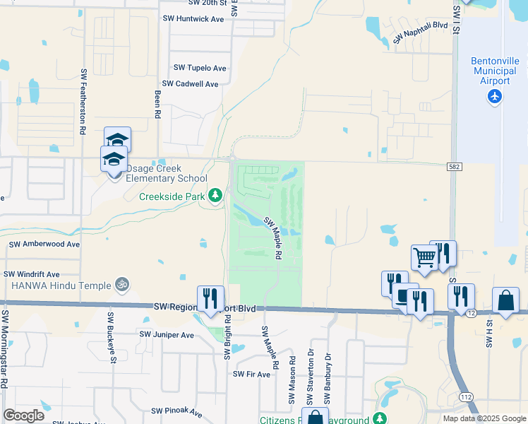 map of restaurants, bars, coffee shops, grocery stores, and more near 3103 Southwest Maple Road in Bentonville