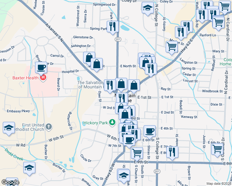 map of restaurants, bars, coffee shops, grocery stores, and more near 101 West 1st Street in Mountain Home