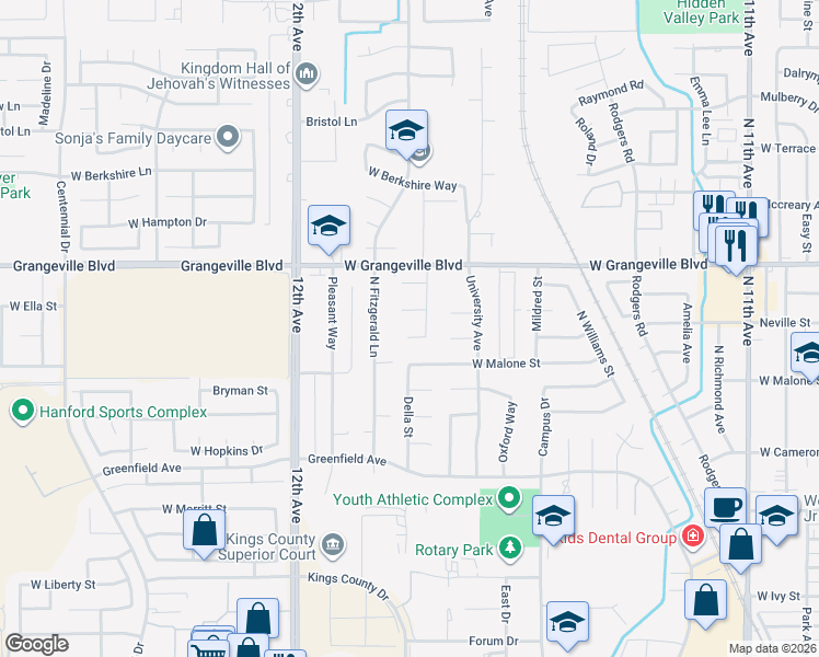 map of restaurants, bars, coffee shops, grocery stores, and more near 1454 Cornell Court in Hanford