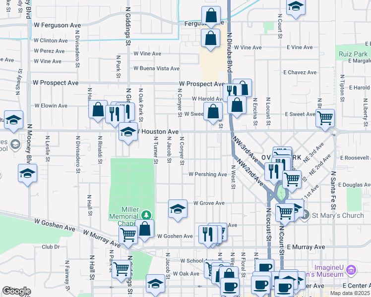 map of restaurants, bars, coffee shops, grocery stores, and more near 1118 North Conyer Street in Visalia