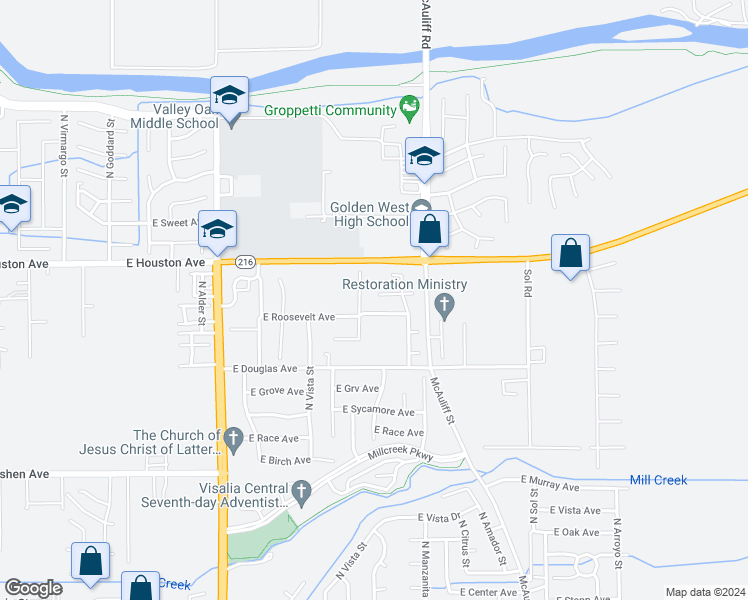 map of restaurants, bars, coffee shops, grocery stores, and more near 3501 East Stewart Court in Visalia