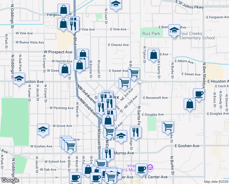 map of restaurants, bars, coffee shops, grocery stores, and more near 100 NE 5th Ave in Visalia