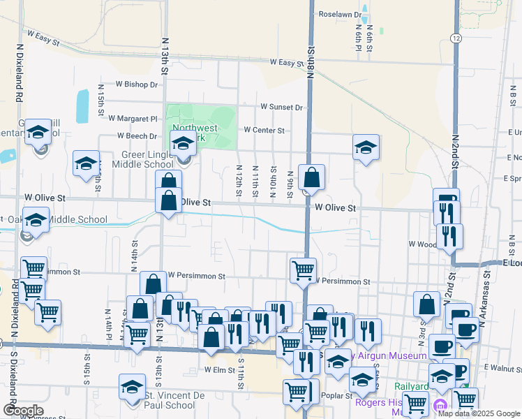 map of restaurants, bars, coffee shops, grocery stores, and more near 1000 West Olive Street in Rogers