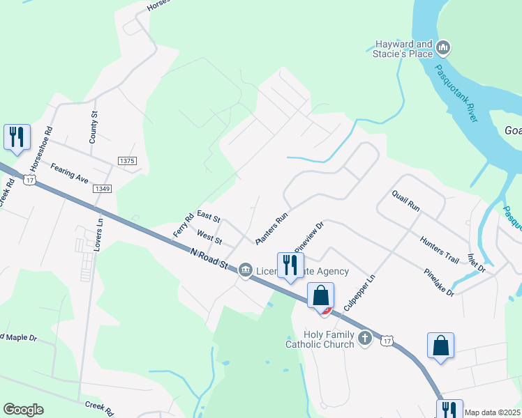 map of restaurants, bars, coffee shops, grocery stores, and more near 109 Planters Run in Elizabeth City