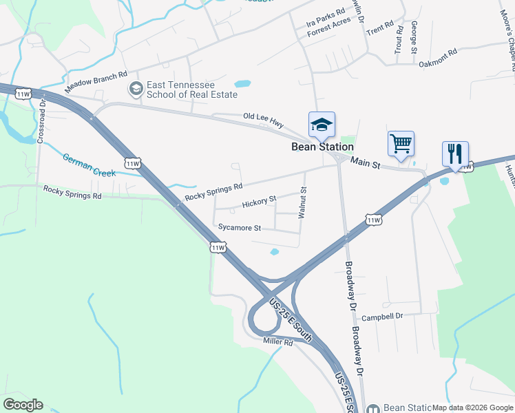 map of restaurants, bars, coffee shops, grocery stores, and more near 134 Elm Street in Bean Station