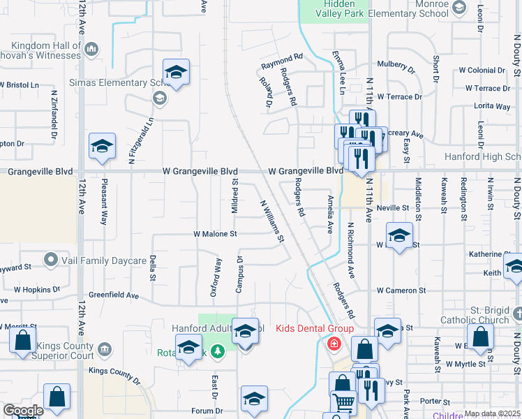 map of restaurants, bars, coffee shops, grocery stores, and more near 1404 North Williams Street in Hanford