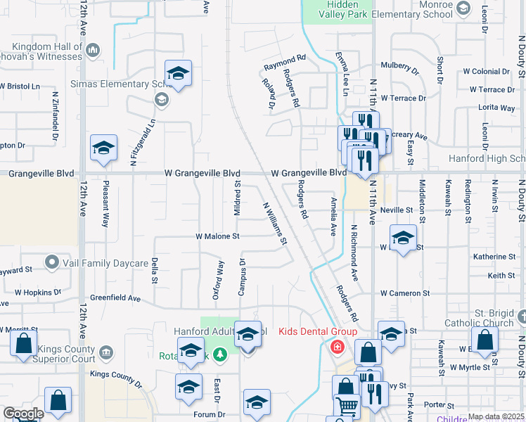 map of restaurants, bars, coffee shops, grocery stores, and more near 1404 North Williams Street in Hanford