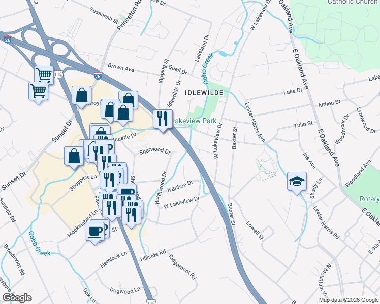 map of restaurants, bars, coffee shops, grocery stores, and more near James H Quillen Parkway in Johnson City