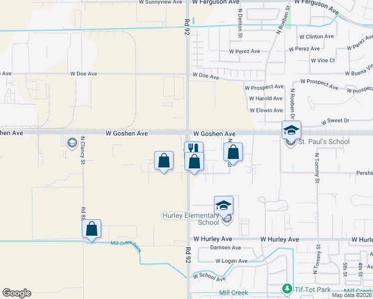 map of restaurants, bars, coffee shops, grocery stores, and more near North Shirk Road in Visalia