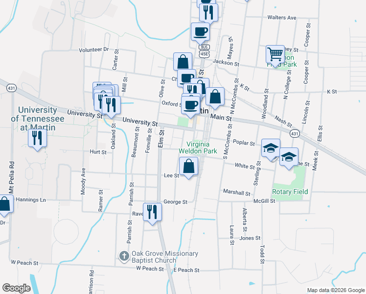 map of restaurants, bars, coffee shops, grocery stores, and more near 601 South Lindell Street in Martin