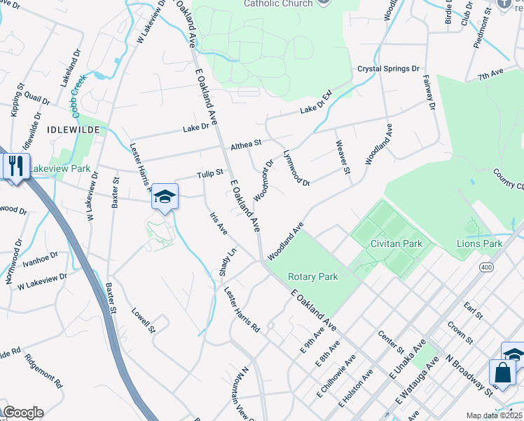 map of restaurants, bars, coffee shops, grocery stores, and more near 1000 Woodmont Drive in Johnson City