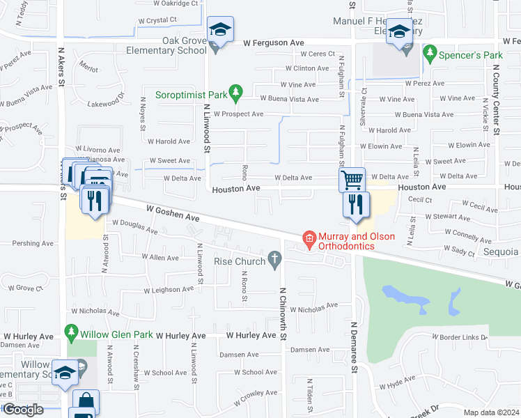 map of restaurants, bars, coffee shops, grocery stores, and more near 1226 North Julieann Street in Visalia
