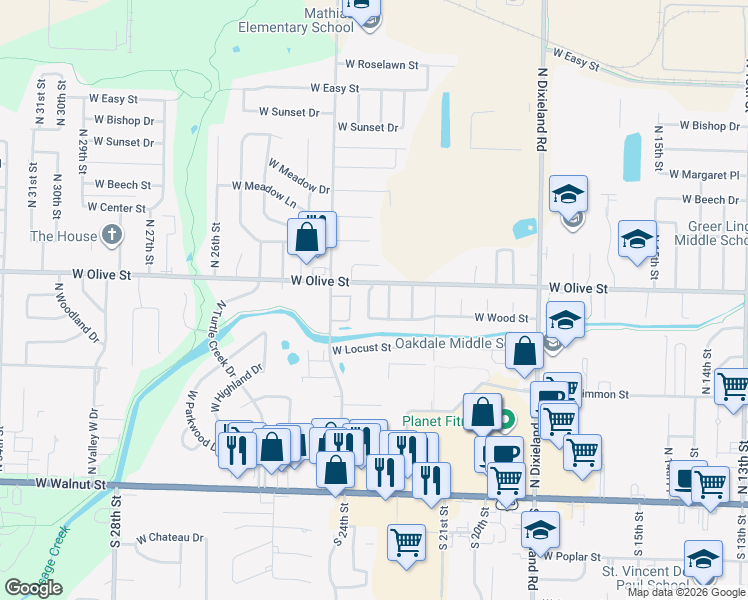 map of restaurants, bars, coffee shops, grocery stores, and more near 701 Beverly Ln in Rogers