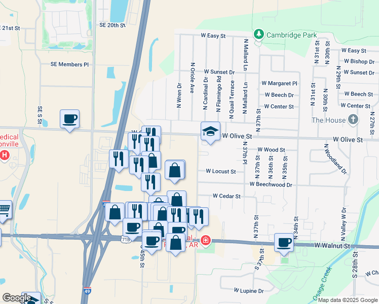map of restaurants, bars, coffee shops, grocery stores, and more near 700 North 40th Street in Rogers