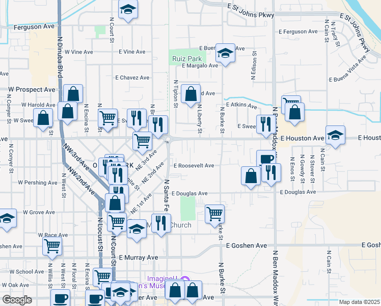 map of restaurants, bars, coffee shops, grocery stores, and more near 620 East Roosevelt Avenue in Visalia