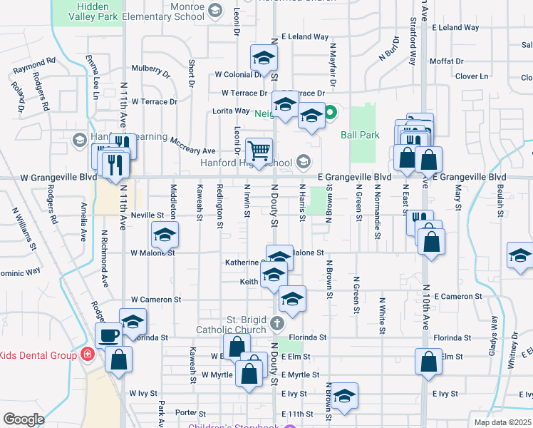 map of restaurants, bars, coffee shops, grocery stores, and more near 1423 N Douty St in Hanford
