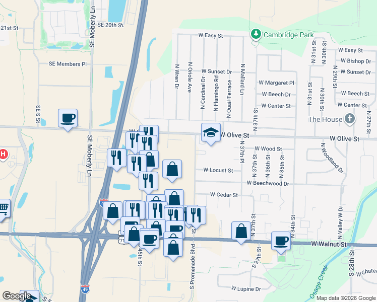 map of restaurants, bars, coffee shops, grocery stores, and more near 514 N 40th St in Rogers
