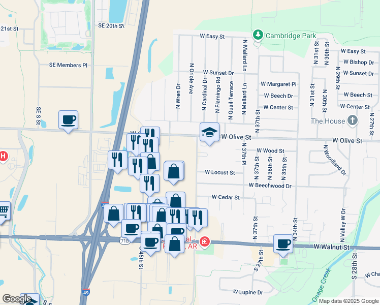 map of restaurants, bars, coffee shops, grocery stores, and more near 514 North 40th Street in Rogers
