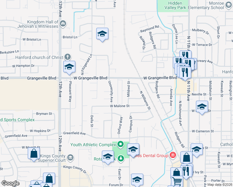 map of restaurants, bars, coffee shops, grocery stores, and more near 1255 West Grangeville Boulevard in Hanford