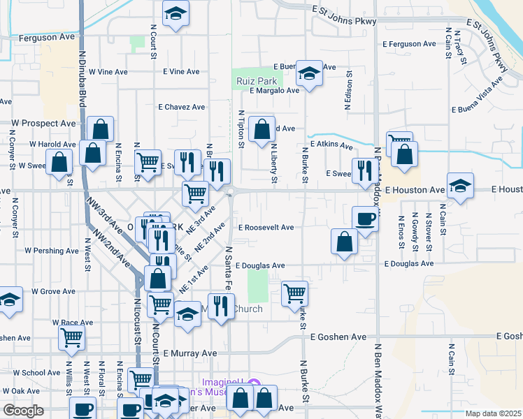 map of restaurants, bars, coffee shops, grocery stores, and more near 636 East Roosevelt Avenue in Visalia