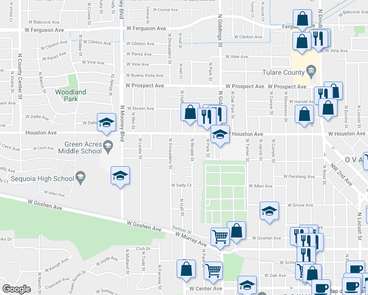 map of restaurants, bars, coffee shops, grocery stores, and more near 1204 North Divisadero Street in Visalia