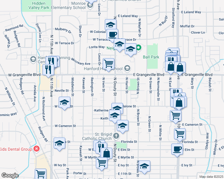 map of restaurants, bars, coffee shops, grocery stores, and more near 1423 N Douty St in Hanford