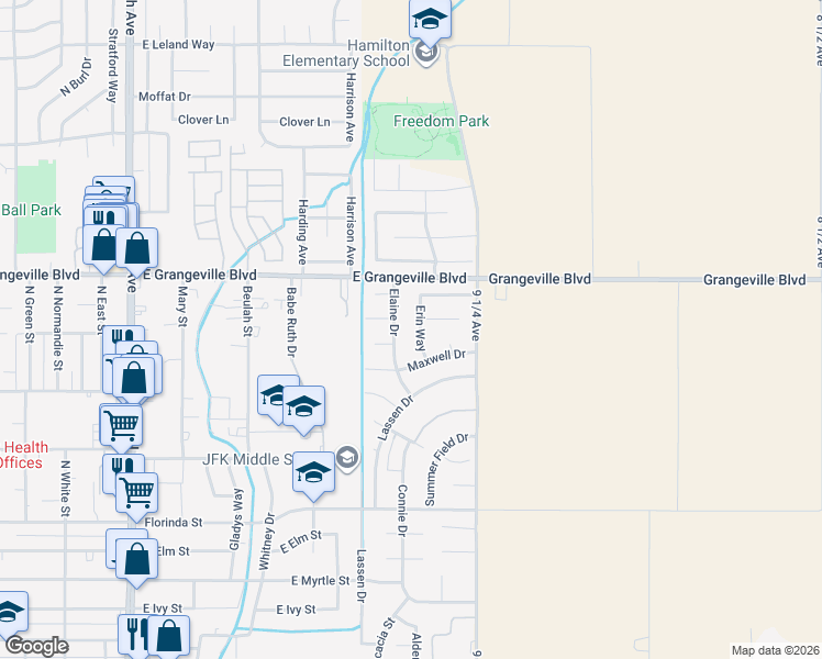 map of restaurants, bars, coffee shops, grocery stores, and more near 1437 Elaine Drive in Hanford
