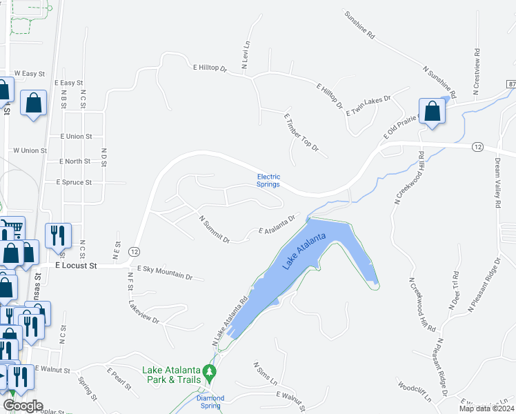 map of restaurants, bars, coffee shops, grocery stores, and more near 814 Summit Loop in Rogers