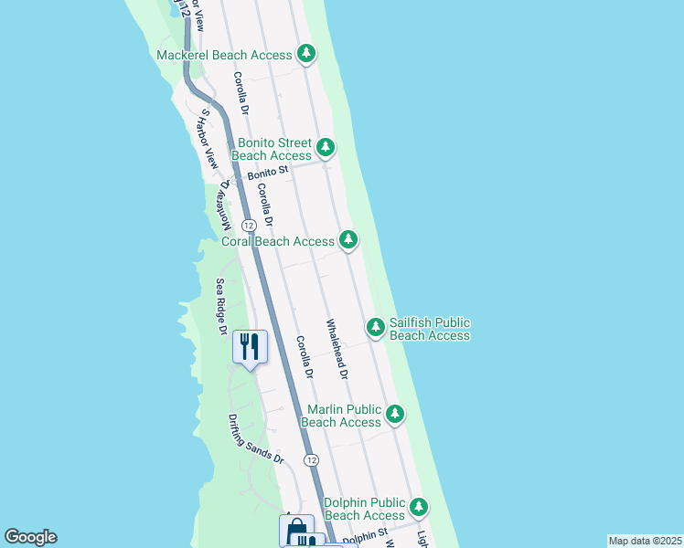 map of restaurants, bars, coffee shops, grocery stores, and more near 887 Whalehead Drive in Corolla