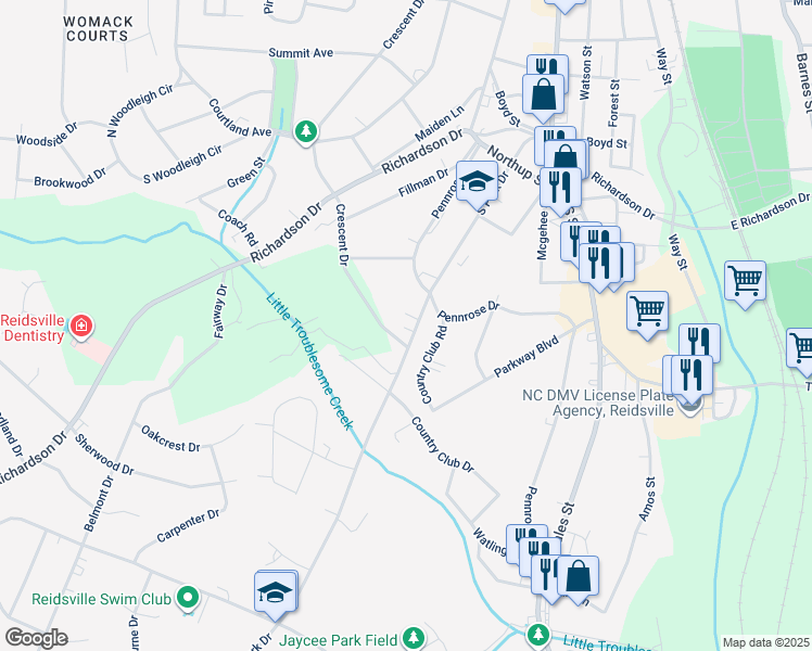 map of restaurants, bars, coffee shops, grocery stores, and more near 1514 South Park Drive in Reidsville