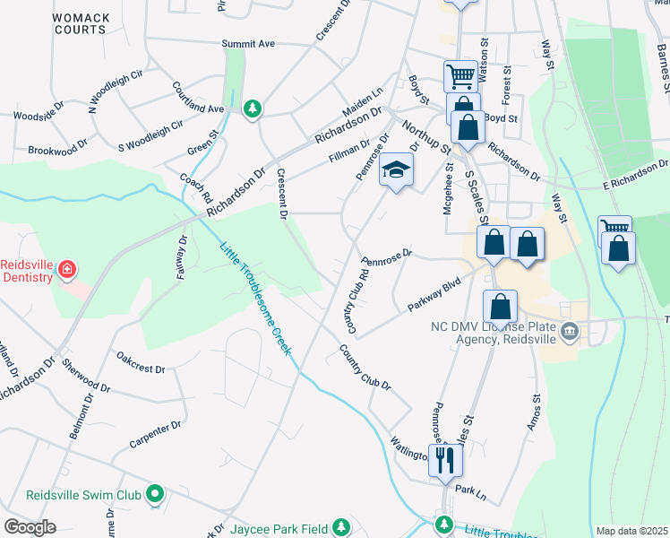 map of restaurants, bars, coffee shops, grocery stores, and more near 1514 South Park Drive in Reidsville