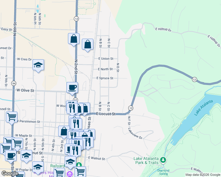 map of restaurants, bars, coffee shops, grocery stores, and more near 723 North C Street in Rogers