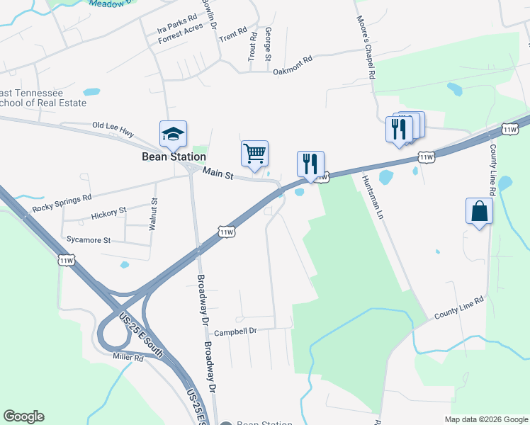 map of restaurants, bars, coffee shops, grocery stores, and more near 174 Phyllis Drive in Bean Station