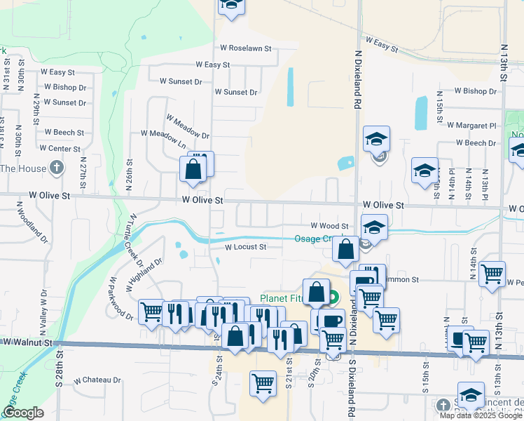 map of restaurants, bars, coffee shops, grocery stores, and more near 702 North 22nd Place in Rogers