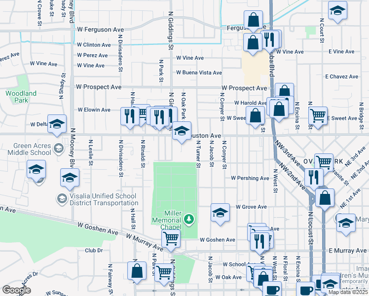 map of restaurants, bars, coffee shops, grocery stores, and more near 1200 North Giddings Street in Visalia