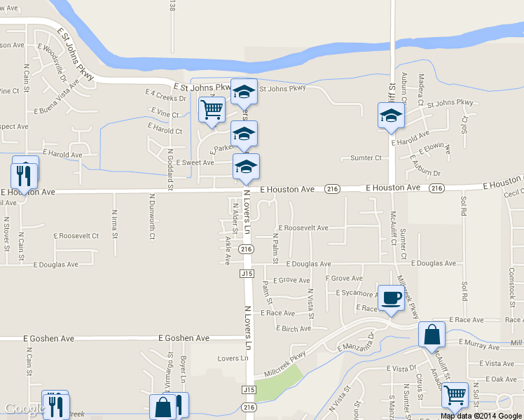 map of restaurants, bars, coffee shops, grocery stores, and more near 2900 East Stewart Avenue in Visalia