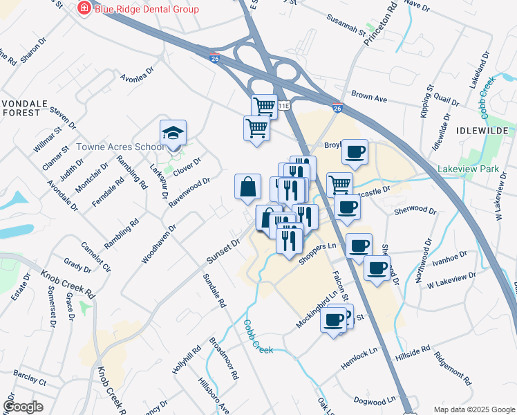 map of restaurants, bars, coffee shops, grocery stores, and more near 304 Sunset Dr in Johnson City
