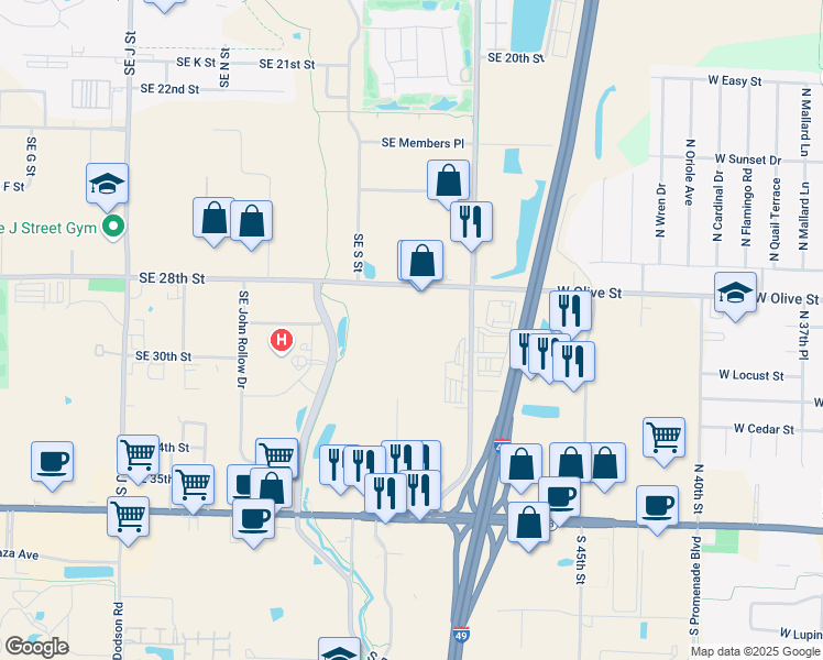 map of restaurants, bars, coffee shops, grocery stores, and more near 2300 Southeast 28th Street in Bentonville