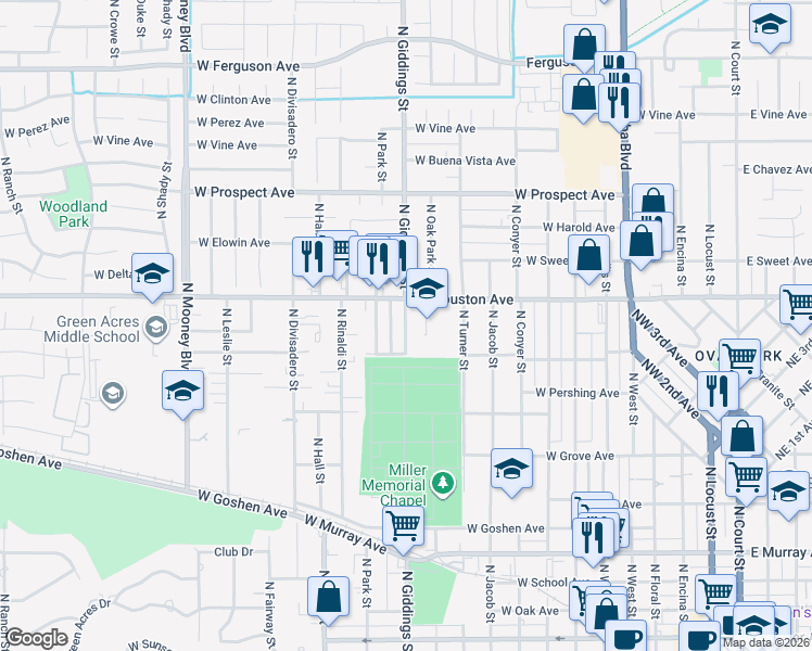 map of restaurants, bars, coffee shops, grocery stores, and more near 1200 North Giddings Street in Visalia