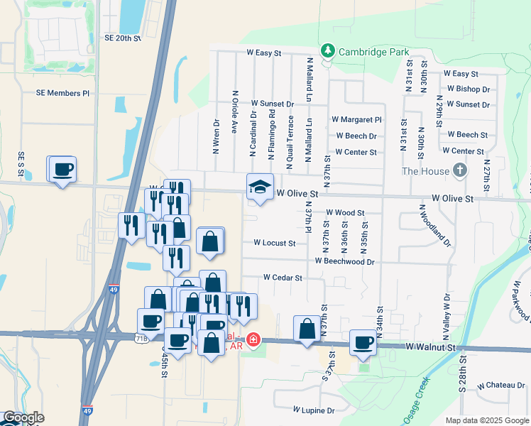 map of restaurants, bars, coffee shops, grocery stores, and more near 3904 West Olive Street in Rogers