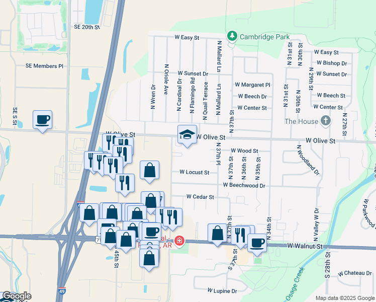 map of restaurants, bars, coffee shops, grocery stores, and more near 3904 West Olive Street in Rogers