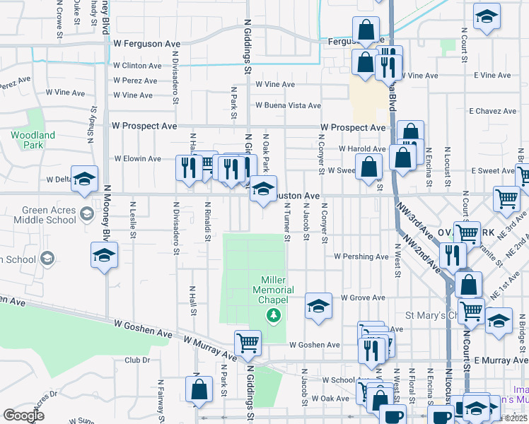 map of restaurants, bars, coffee shops, grocery stores, and more near 1200 North Giddings Street in Visalia